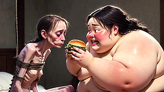 Skinny Girl Getting Fed by Huge Fat Woman - Contrast Feeding Fetish