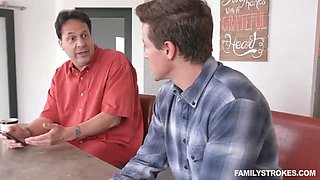 Perfect cougar step-mom with Big Boobs gets fucked by her son-in-law in the kitchen while grandpa is licking