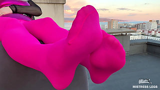 Pink Nylon Tease on the Rooftop at Sunset - Feet and Big Ass
