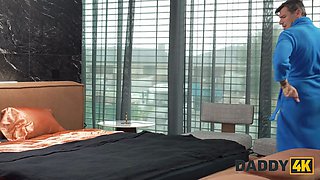 Daddy4k. lean brunette can't swim, but can blow and leap on huge daddy's boner