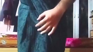 Indian Bum chum Crossdresser Bottom pressing and toying with her immense boobies in black saree real homemade gonzo fuckfest