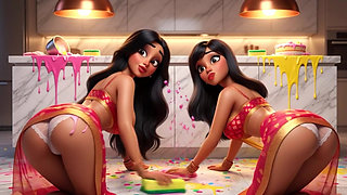 Two voluptuous Indian lesbians cleaning kitchen floor on all fours in revealing traditional attire no panties