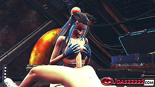 Nessa 3D Hentai Animation - Busty Girl in Sexy Bodysuit and Blue Latex Gloves Delivers Fetish Handjob Service Cumshot