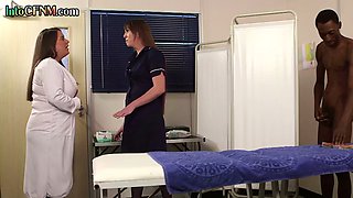 CFNM British amateur nurses suck black penis in threesome