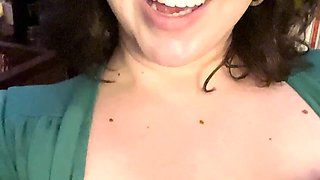 Busty curly brunette with big boobs fucks on couch