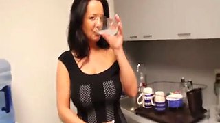 Horny MILF Titty-fucks His Huge Cock in the Kitchen