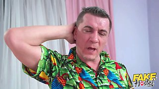 Faux hostel - after edging with two curvy girls a guys pulsing balls shoot a waterfall of jizz