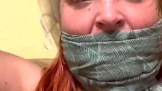 Newspaper Gag, Piss Soaked Scarf Over, Plastic Bag and Masturbation with 3 Dildos