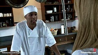 Harrased black shef fucked by shemale