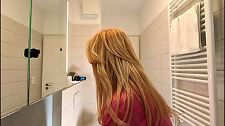 Super hot amazingly beautiful all natural big tits big ass blonde touches her pussy and panties under her skirt in the bathroom