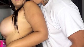 Gorgeous teen with great round tits and seductive bubble butt has passionate sex with her boyfriend in the kitchen