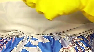 Giantess Stepsister Puts Tiny Stepbrother in Her Yellow Dishwashing Glove Then Plays with Him Has Fun with Him