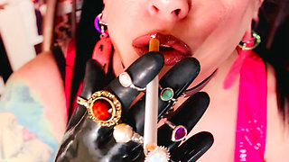 18 Rings & Latex Gloves! Miss Tina Snua Smoking 2 Cork Cigarettes For Her Glove Fan! - Smoker OMI OME Snap Inhales Drifting
