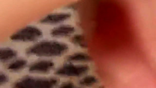 Red Dildo From Behind on the Leopard Bed - Short Haired Beauty in Black Leather Boots Bends Over
