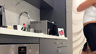 Hot tattooed blonde long hair beauty in the kitchen takes her panties off to show her meaty pussy and sexy ass