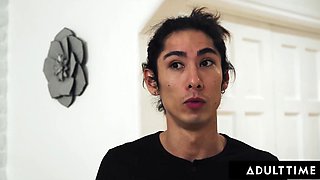 Classy blonde lady ignores her Asian hubby's sex desires and gets punished