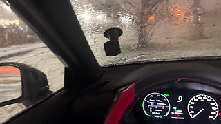 I suck his warm cock in public parking, while snowing