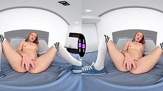 Redheaded Lucianna Luci's tiny titties bounce in VR as she pleasures herself noisily on the bed