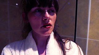 Amateur young brunette enjoys dildo on solo masturbation