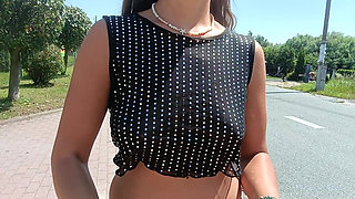 Walking Down the Street in a See-through Blouse Public Flashing of Tits and Pussy