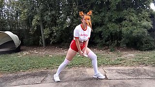 Shy ginger squirter Shae Celestine doing gym class at home
