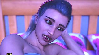 Steamy animated threesome adventure featuring Misskitty2k in a business suit and swimsuit