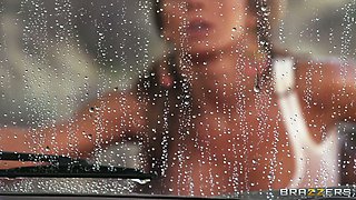 Sexy girl Madison Ivy in a wet shorts posing on the car