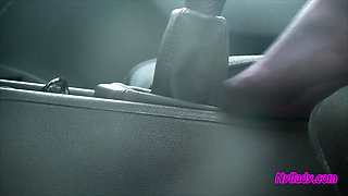 Nyllady's Footjob to Gearshift and Wheel in Patterned Pantyhose