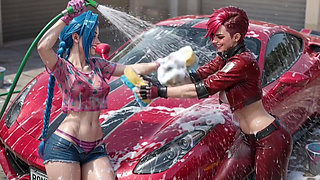 Jinx and Vi Washing the Red Ferrari Wet and Soapy