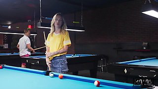 Horny Lesbian Spinner Deepthroats in the Pool Hall