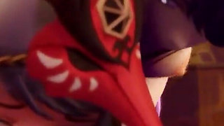 Genshin Raiden Shogun Fucks Sara with a Strapon, Itto Is There Too