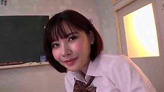 Naughty Japanese schoolgirl seduces a boy in the library