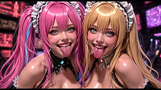 Two Cute Cyberpunk Girls Boobs, Ai Animation