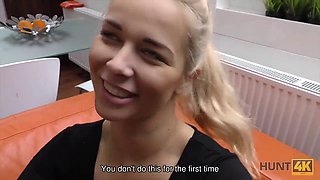 Watch as blonde GF's pussy gets sold and eagerly watched on couch by her cuckold boyfriend