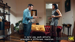 DADDY4K. Small-titted brunette is PROFESSIONALLY CHEATING on her BF in the next room