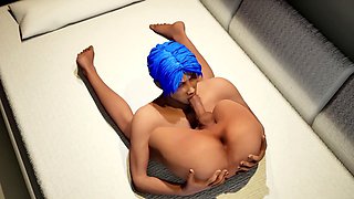 Blue-haired guy gives himself a blowjob and covers his face in jizz
