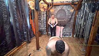 British BBW Domina Satana and Lanista Bear Bind Slave Daz in the Dungeon for Brutal BDSM Anal