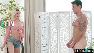 Curious big boobed blonde spying on BF