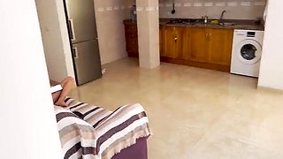 Blonde teenage bombshell with huge tits caught masturbating by horny older voyeur